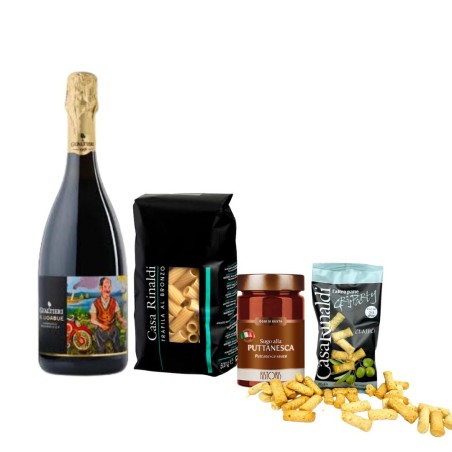 Pack La Cena Perfecta: Vino tinto frizzante + Tortiglioni + Salsa Puttanesca + Grisparty