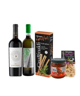 Pack Vino y Piqueo: Vino tinto + Vino blanco + Tomate seco + Grissini + Taralli