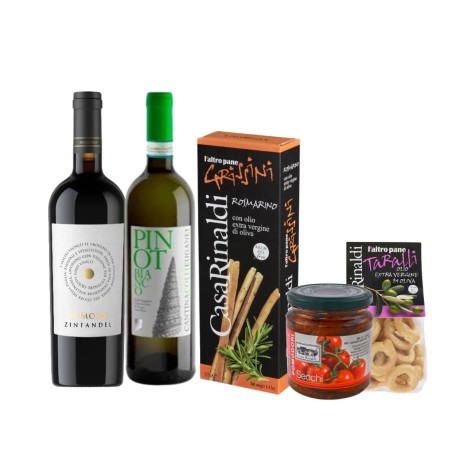 Pack Vino y Piqueo: Vino tinto + Vino blanco + Tomate seco + Grissini + Taralli